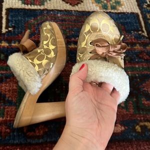 Coach trim gold embossed wooden heeled clogs